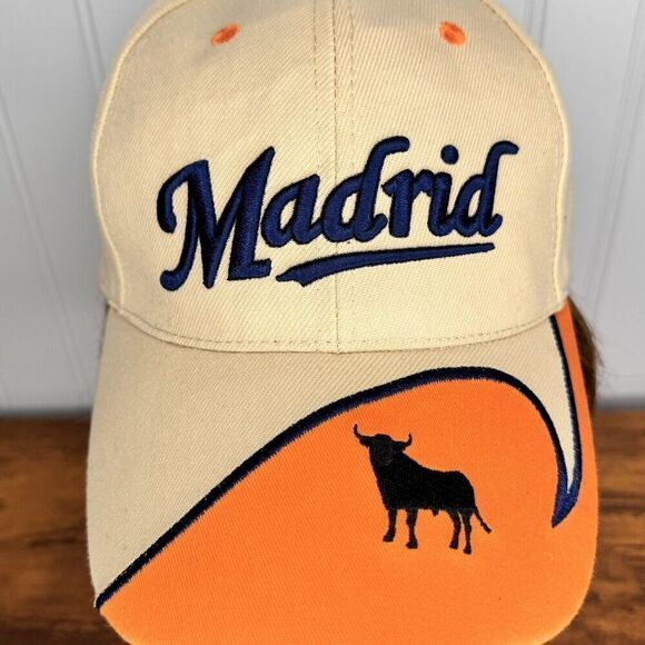 MADRID Bull Spain Flag Embroidered Orange Beige Trucker Hat Adjustable Sz 7 - Picture 3 of 10